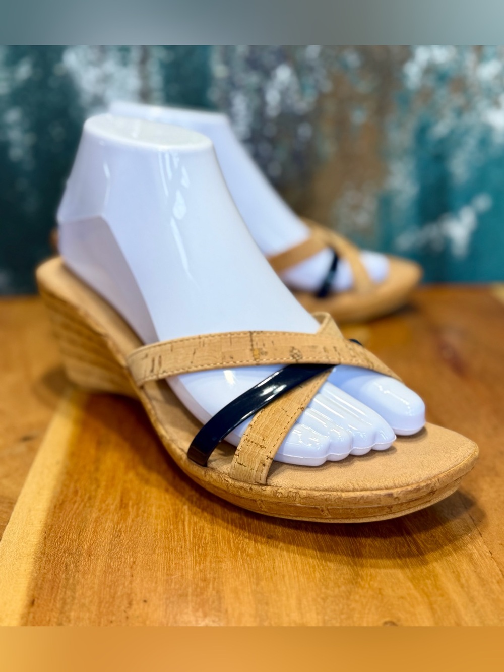Italian Shoemakers Coastal‎ Chic Faux Cork Wedge Slide Sandals Navy Size 8 VGUC
